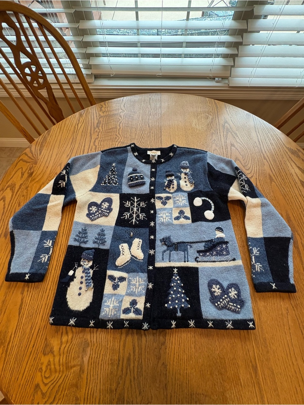 Talbots Vintage Blue Winter Snow Man Wool Cardigan Sweater 90’s Ice Skating PM